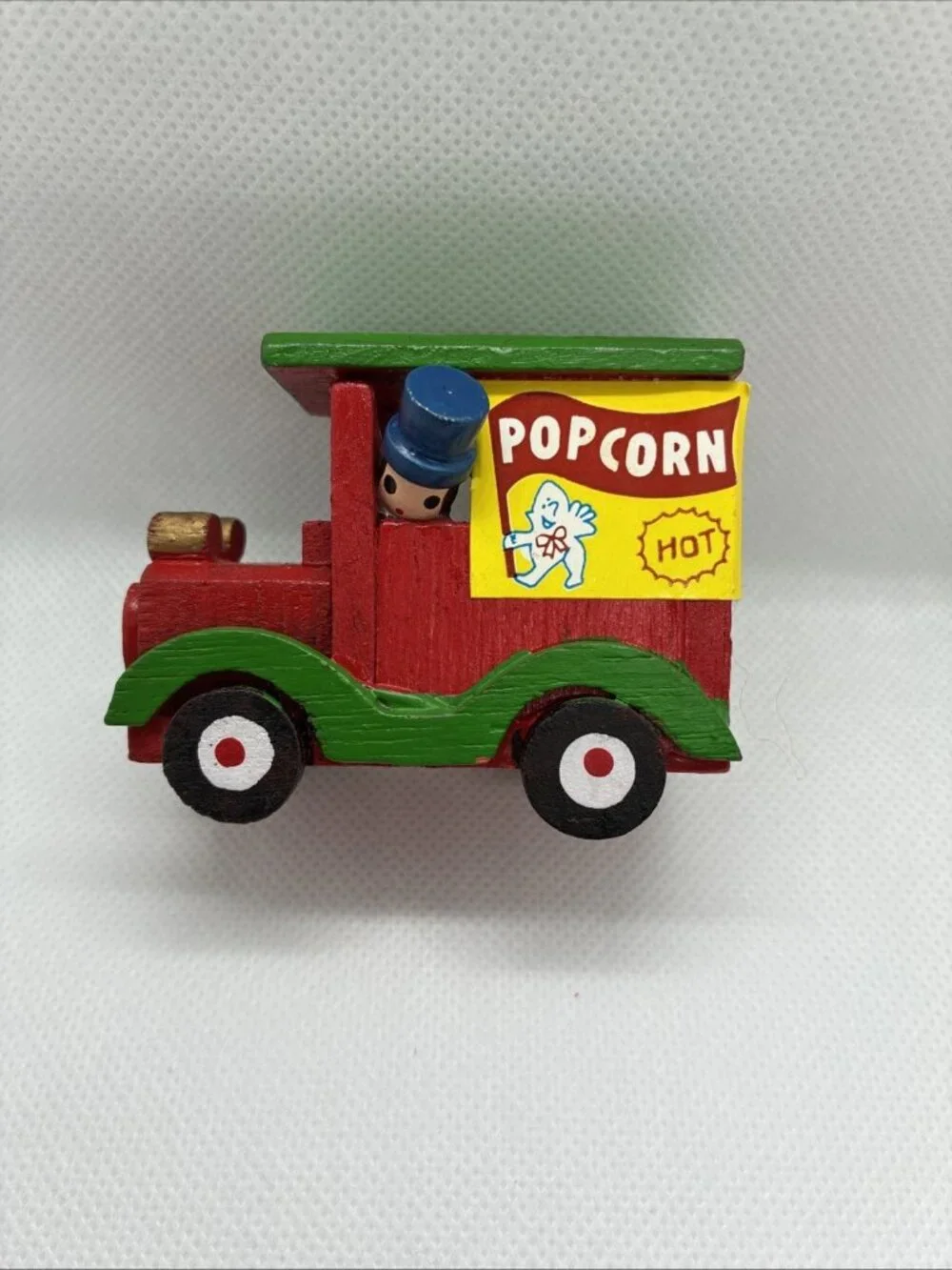 Vintage Wooden Popcorn Wagon Christmas Ornament Handcrafted Train Cart